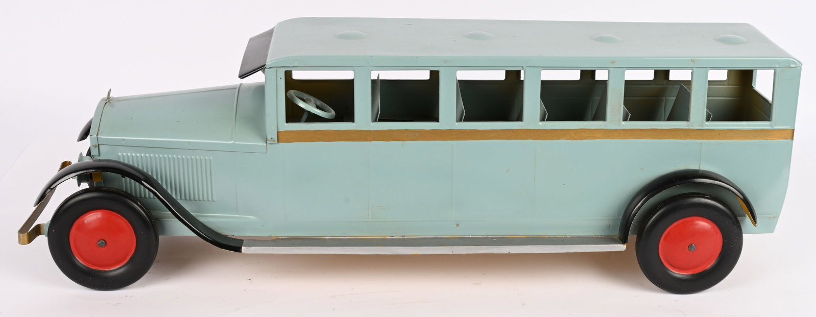 1926 TURNER PRESSED STEEL BUS: "VERY RARE" 1926 Turner Bus. Restored in wonderful condition. Six window body with full running boards. Has front bumper and headlights. A very hard to find pressed steel toy! 28 1/2" Excellent
