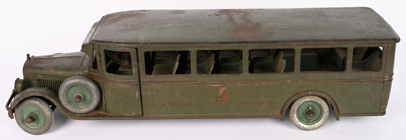 BUDDY L PRESSED STEEL BUS: Nice original Buddy L Bus. All original with decent paint and decals. Has some typical wear. May clean to higher grade. 29" Very Good