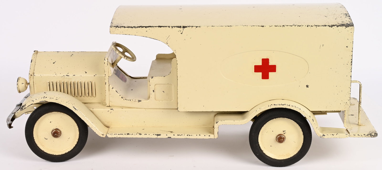 STURDITOY AMBULANCE: Sturditoy pressed steel Ambulance. All original with with outstanding paint and decals. A very hard to find truck. One of the nicest examples we have seen. 27" Excellent