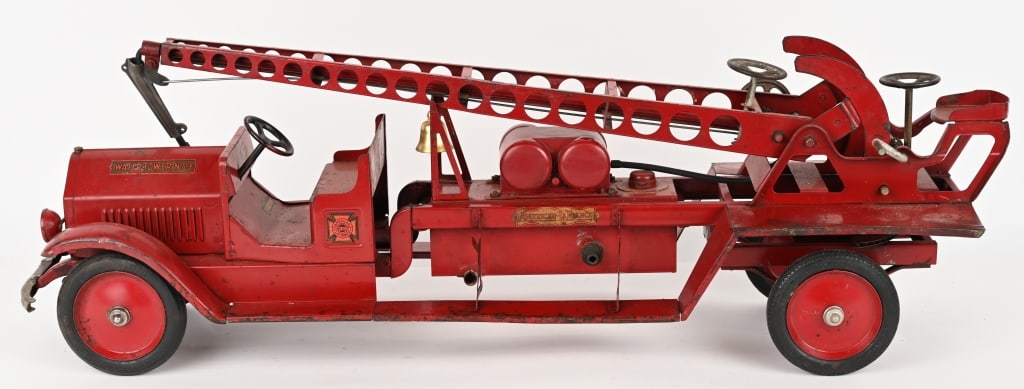 STURDITOY PRESSED STEEL WATER TOWER: Nice original Sturditoy Water Toy. Deluxe version with bumper and headlights. Has decent original paint decals. Bell has been replaced and pump repainted. Nice Truck. 35" Excellent