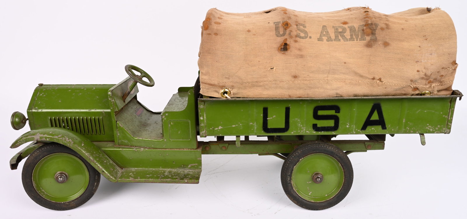 STURDITOY USA ARMY SUPPLY TRUCK: Sturditoy pressed steel USA Army Supply Truck. All original with decent paint and original canvas top. Has some normal wear to paint and canvas. 27" Very Good-Excellent