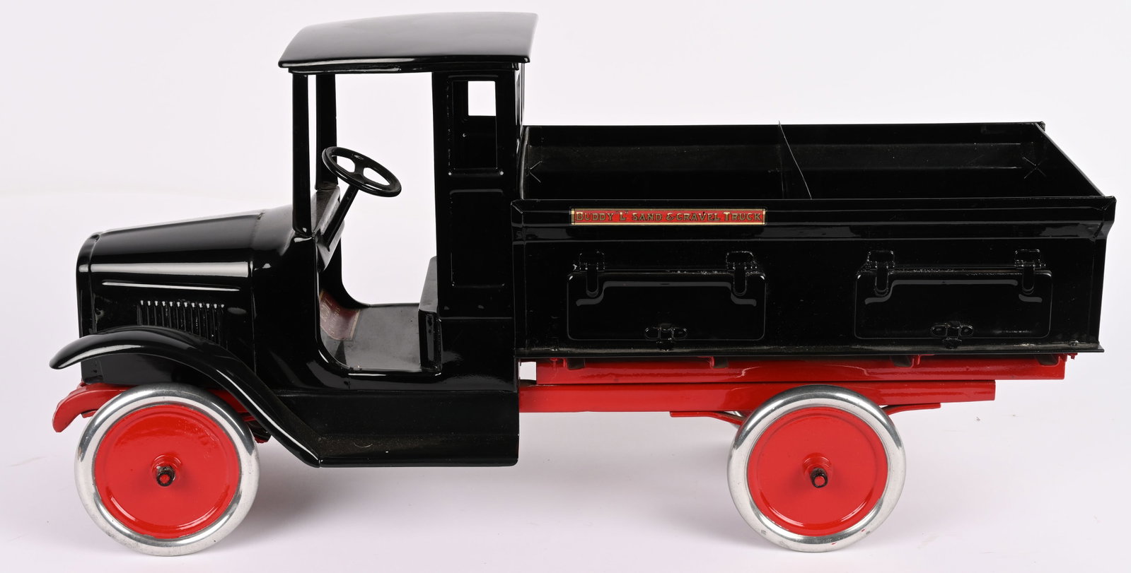 BUDDY L SAND & GRAVEL TRUCK: Professionally restored Buddy L Sand & Gravel Truck. Well done restoration that displays well. 26" Excellent