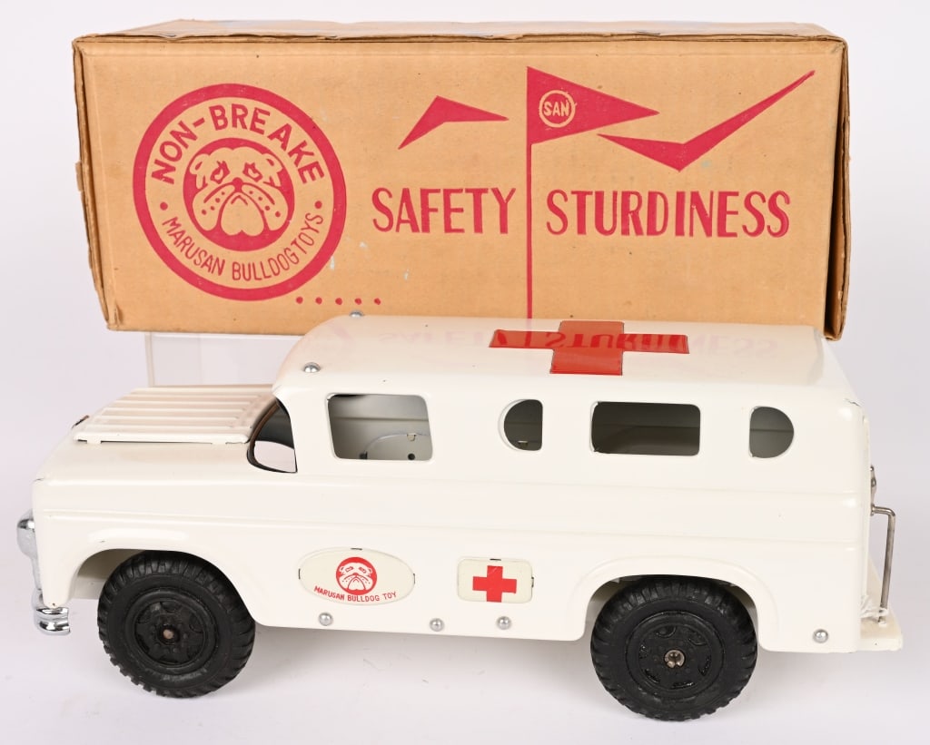 MARUSAN BULLDOG FORD AMBULANCE w/ BOX: Marusan pressed steel Bulldog Ford Ambulance. Never played with condition. Boxed 13" Excellent
