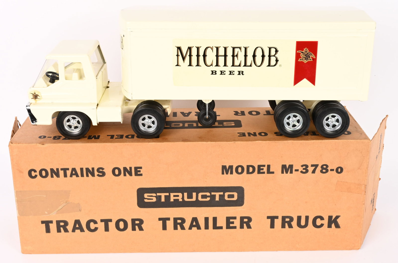STRUCTO MICHELOB BEER TRACTOR TRAILER w/ BOX: Structo pressed steel Michelob Beer "Private Label" Semi Truck. Never played with condition. Boxed 23" Excellent