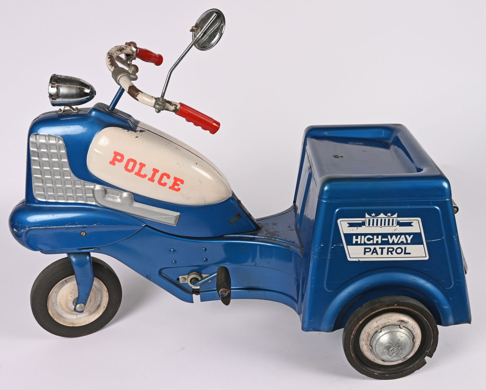 1950's MURRAY THREE-WHEELER POLICE HIGHWAY PATROL: Murry Police Highway Patrol Pedal Car. All original with exceptional paint and decals. A very clean example. 38" Excellent