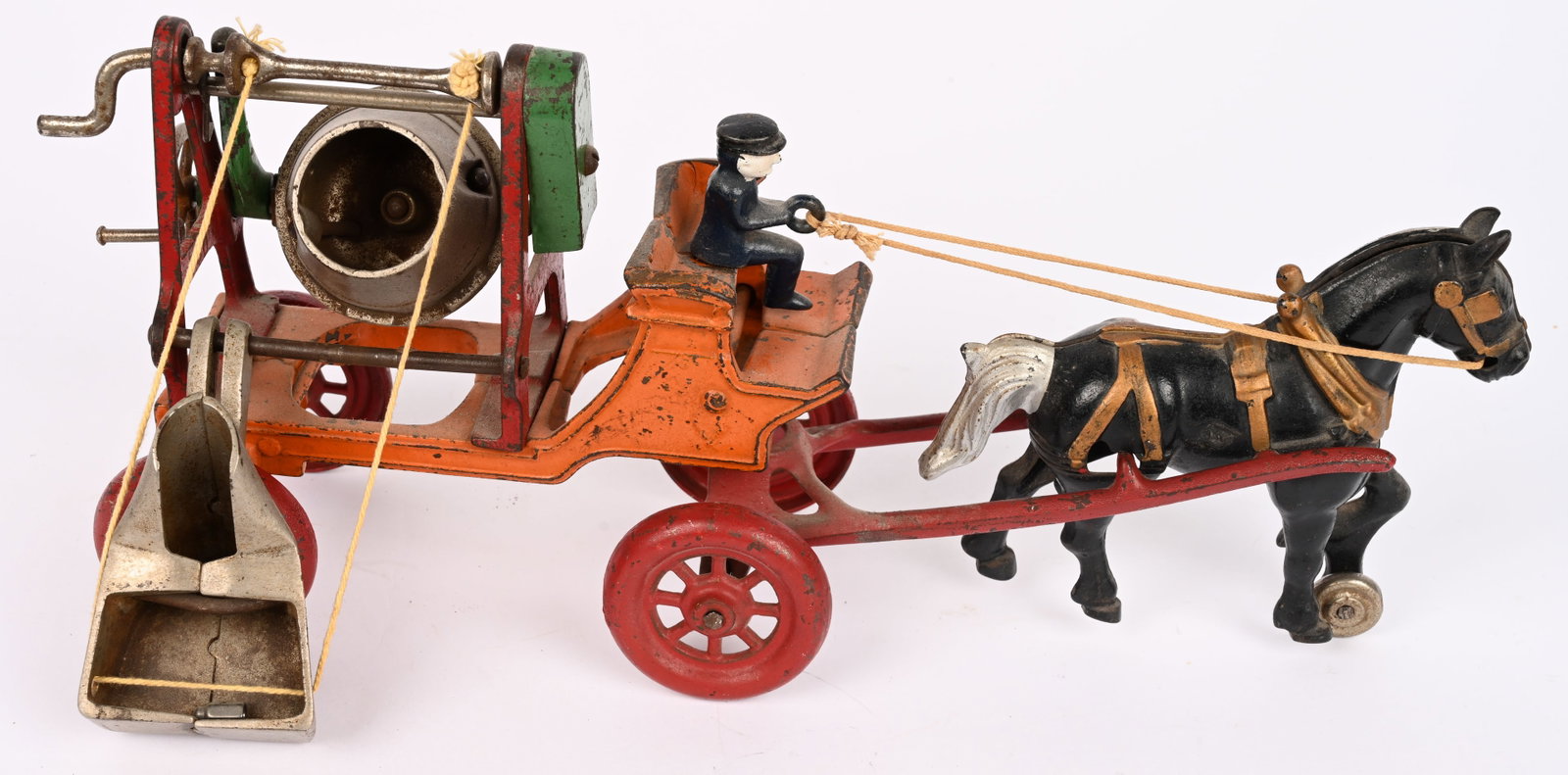 KENTON CAST IRON HORSE DRAWN CEMENT MIXER: Scarce all original Kenton Horse Drawn Cement Mixer. Complete and original including driver. No cracks or repairs. 14" Excellent