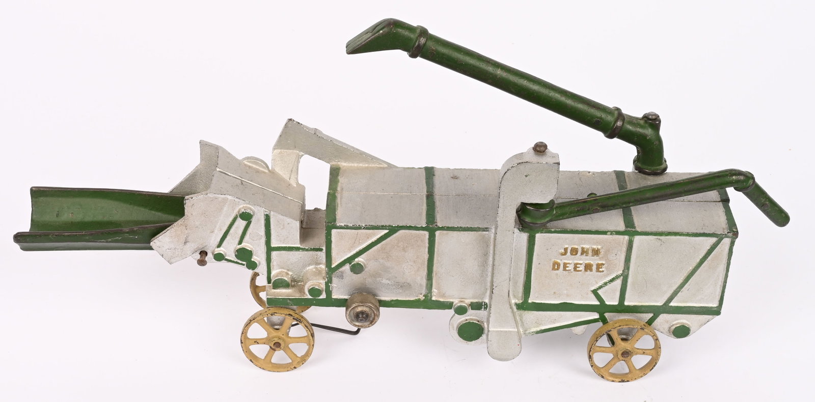 VINDEX CAST IRON JOHN DEERE THRESHER: Original Vindex cast iron John Deere Thresher. Scarce farm toy made in the late 1920's. The paint has been nicely restored.. No cracks or repairs. 15" Excellent