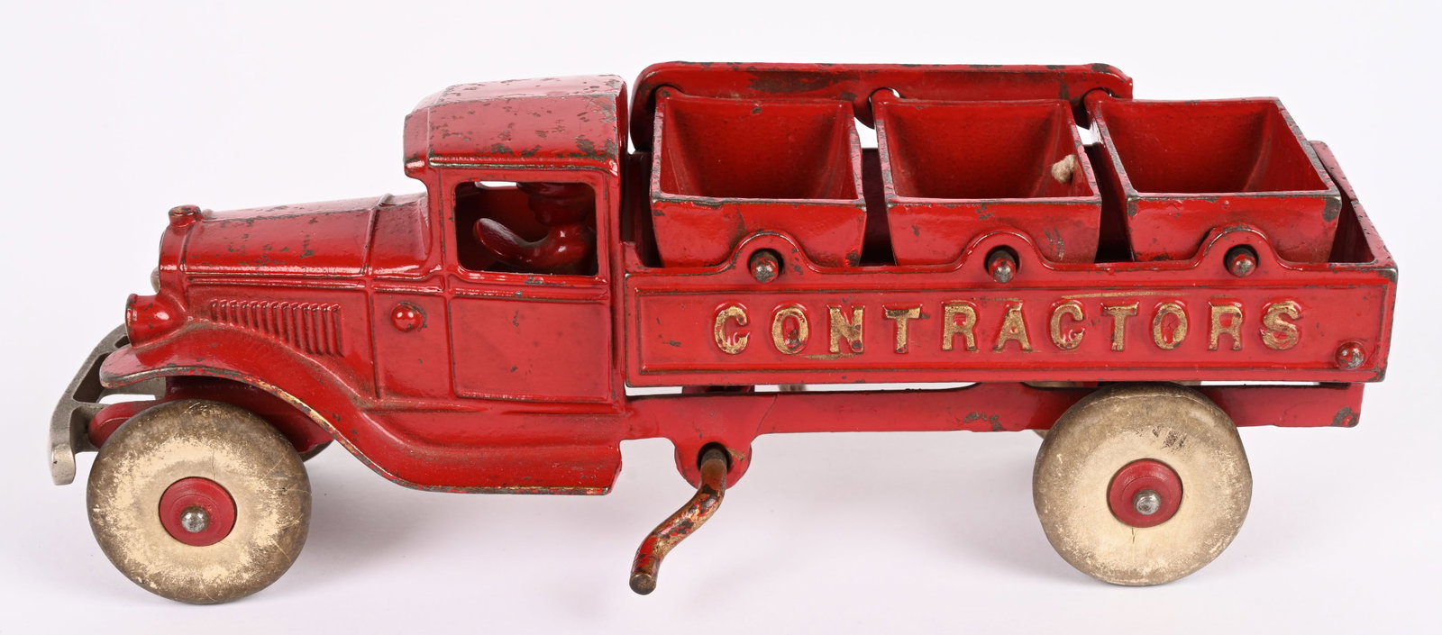 KENTON CAST IRON DELUXE CONTRACTORS BUCKET TRUCK: Kenton Contractors bucket dump truck. Complete and all original with nice paint. Deluxe version with nickel plated bumper. Original tires are nice. No cracks or repairs. A higher condition example of 