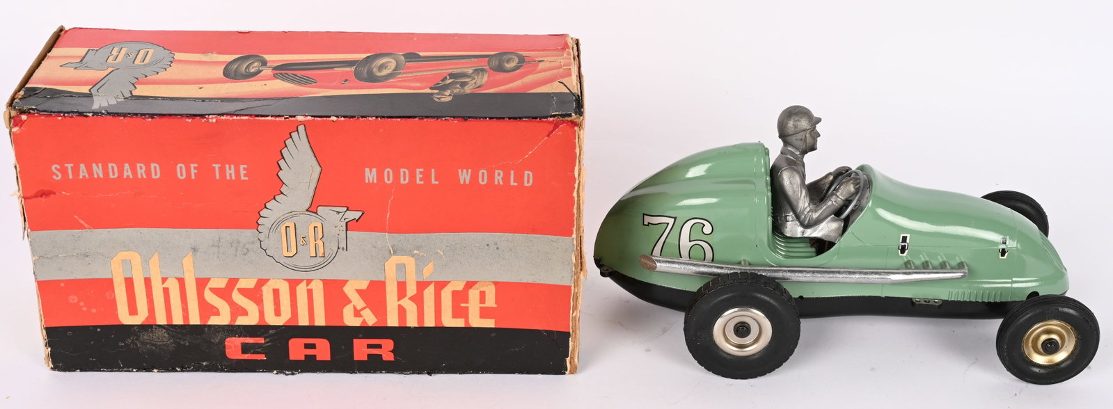 OHLSSON & RICE GAS POWERED RACER w/ BOX: Ohlsson & Rice gas Powered Tether Race Car. All original in great shape. Comes with Driver. Boxed 10" Excellent
