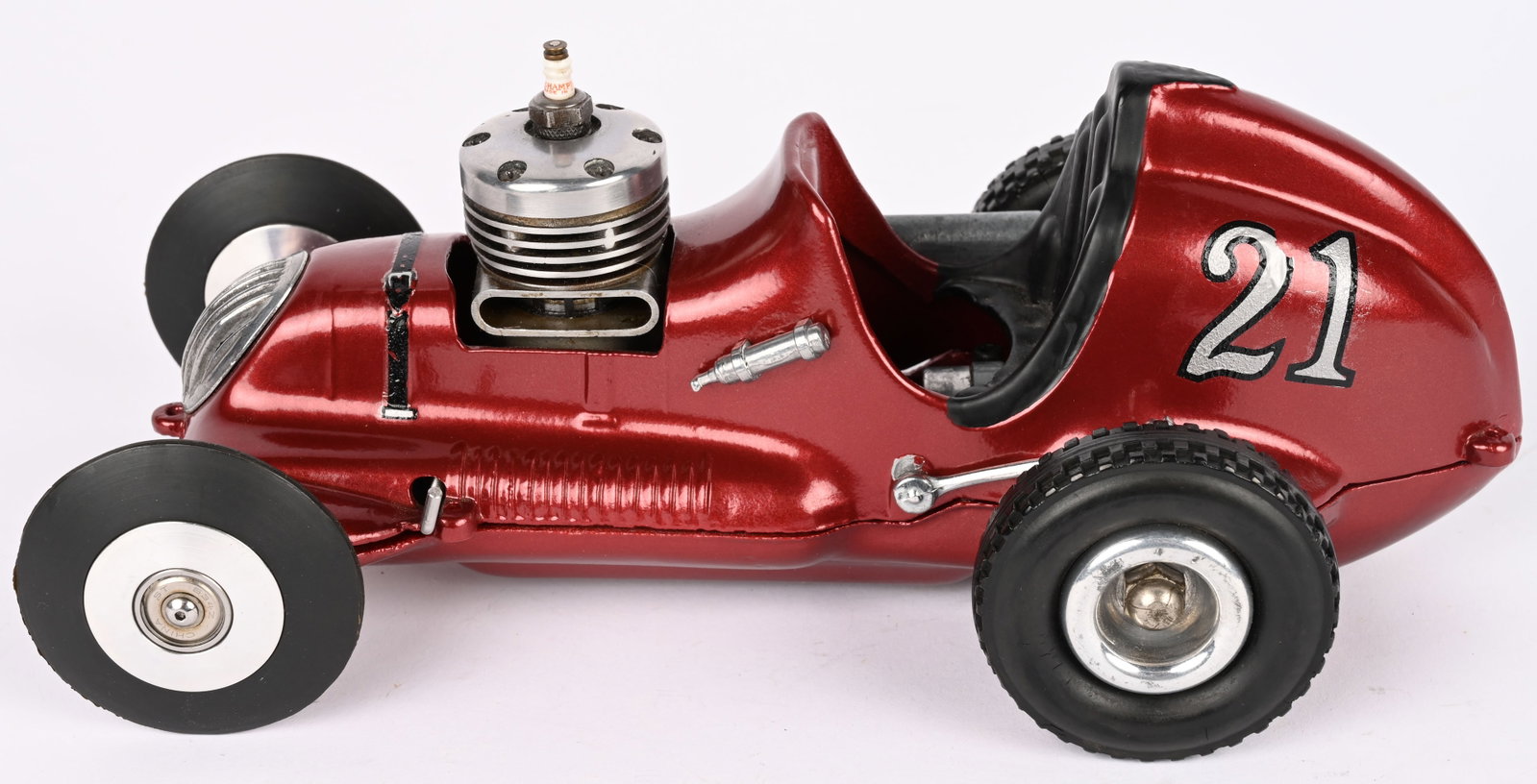 COX THIMBLE DROME CHAMPION CONVERSION TETHER CAR: Cox Thimble Drome Champion Gas Powered Tether Racer. Has complete running gear with Dooling Engine. Great looking Car. 10" Excellent