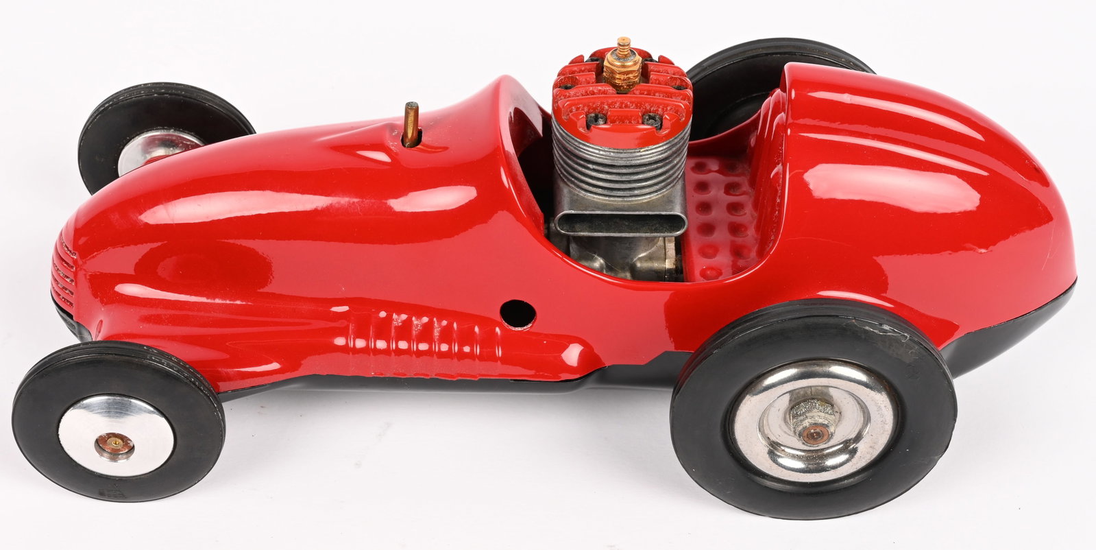REAL MCCOY GAS POWERED TETHER RACE CAR: Real McCoy Gas Powered Tether Race Car. Restored condition. Has drive train with McCoy .19 Engine. Nice racer. 11" Excellent