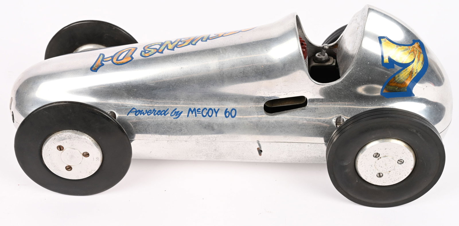 STEVENS D-1 GAS POWERED TETHER RACE CAR: Stevens D-1 Gas Powered Tether Race Car. All aluminum construction. Has complete drive train with McCoy 60 Engine. Great looking racer with impressive styling. 16" Excellent