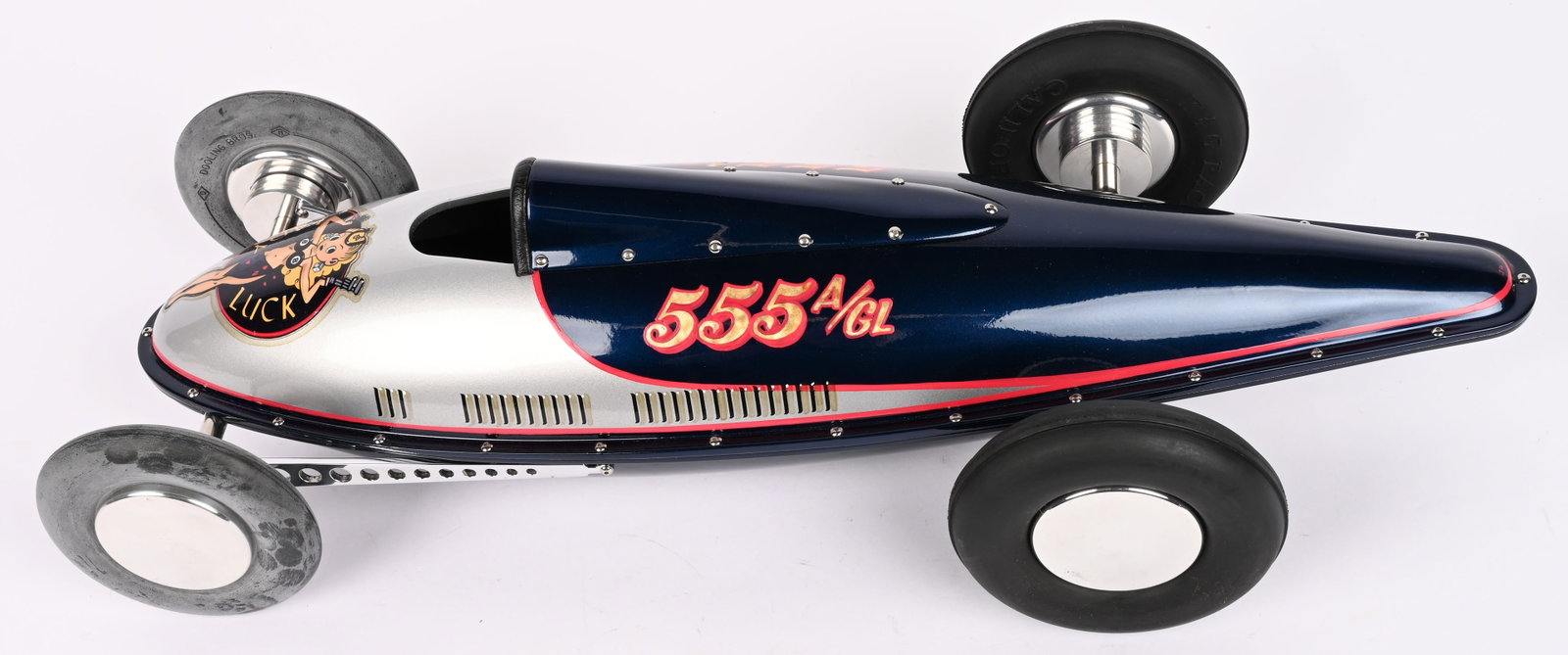 MARSHALL ZIEGERT LADY LUCK BONNEVILLE RACE CAR: Great looking hand bulit Belly Tank Bonneville Race Car. Buily by Marshall Ziegert. Only 20 Built. Has great looking Lady Luck paint job. All aluminum construction. No running gera. beautiful racer.