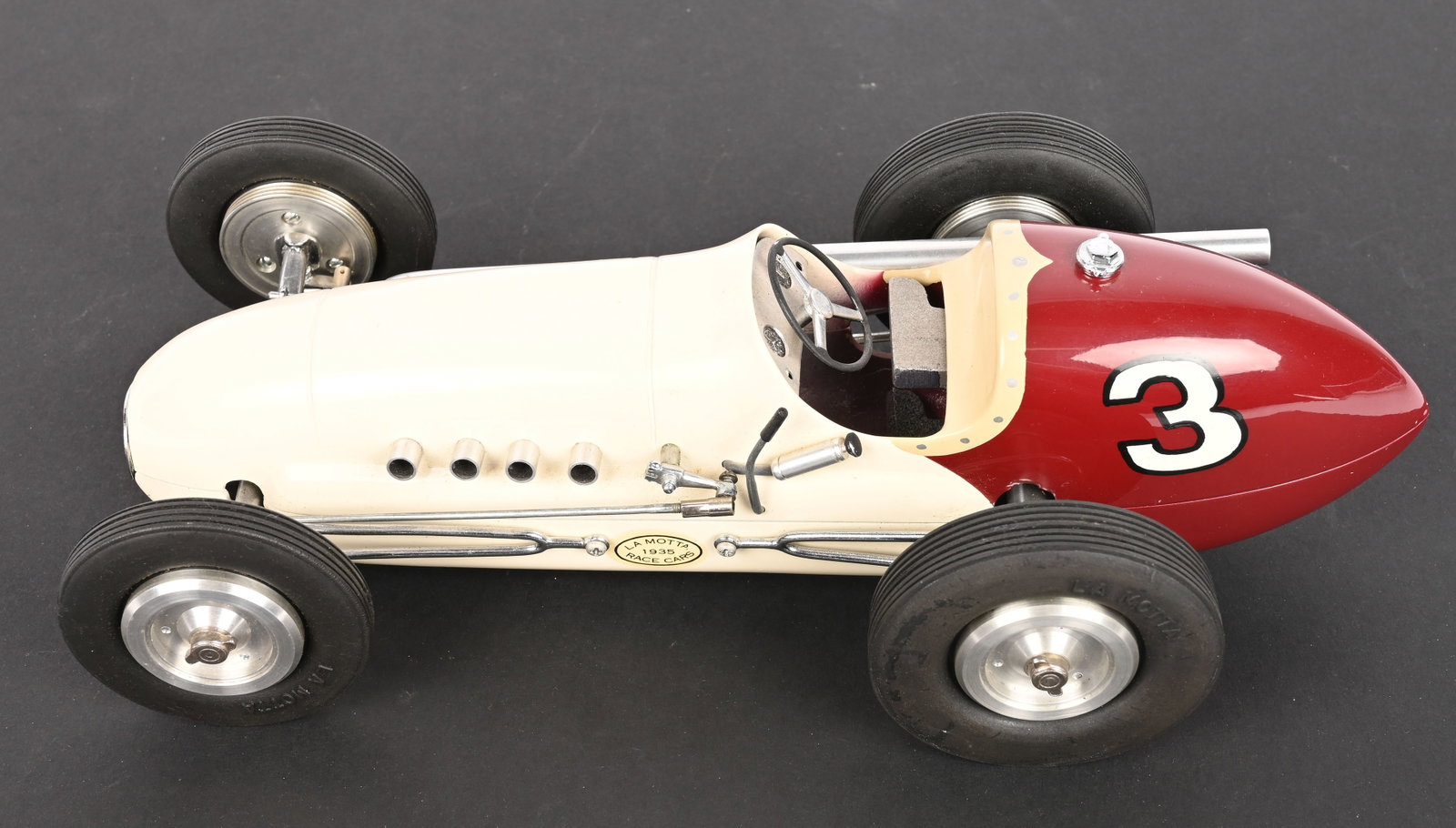 JAKE LAMOTTA #3 TETHER RACE CAR: Great looking contemporary Tether Race Car made by Jake LaMotta. Very nice details. Signed by Jake Lamotta on underside. 11 1/2" Excellent