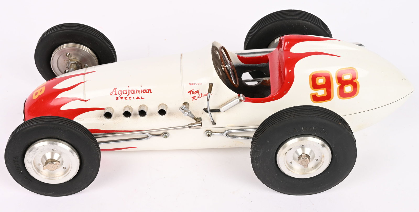 JAKE LAMOTTA #98 AGAJANIAN SPECIAL TETHER RACER: Great looking contemporary Tether Race Car made by Jake LaMotta. Very nice details. 11 1/2" Excellent