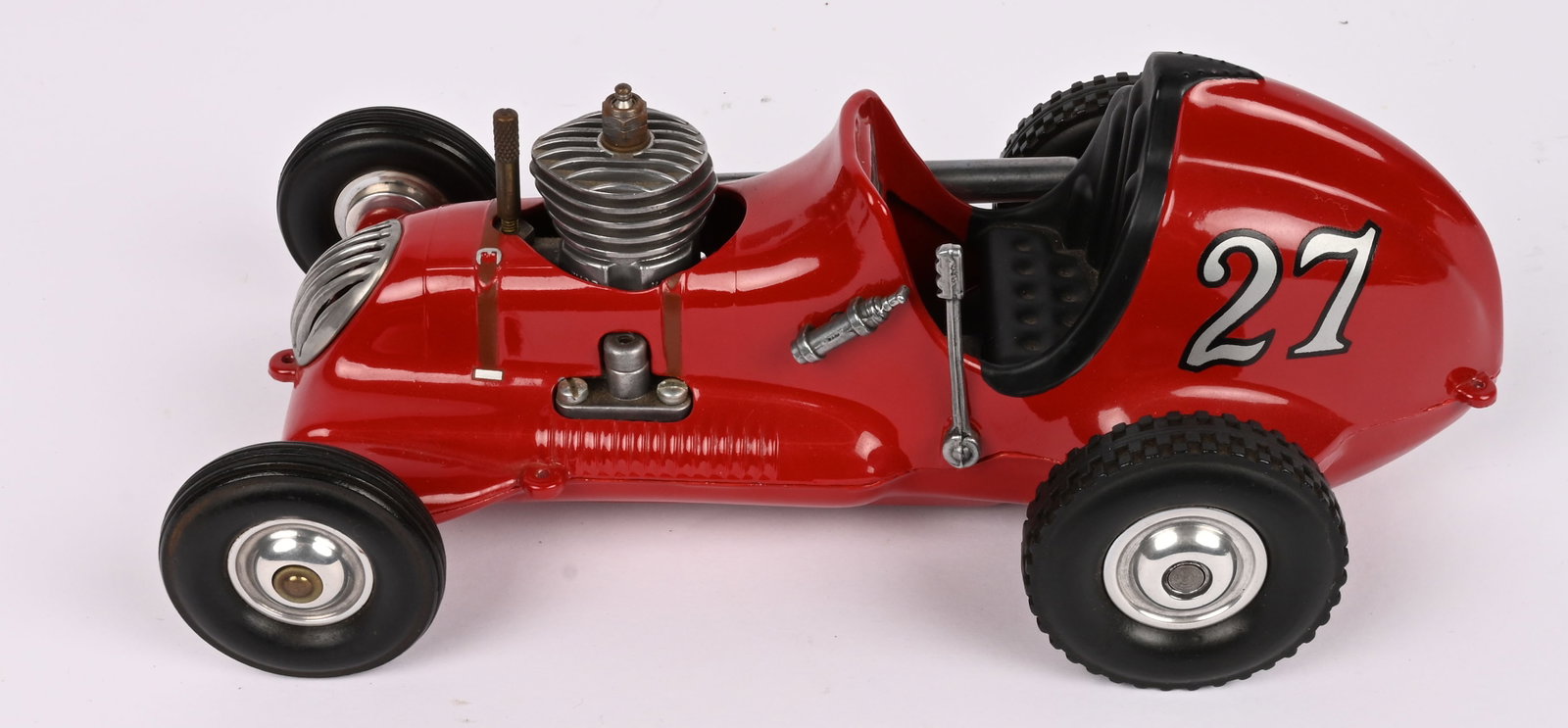 COX THIMBLE DROME CHAMPION CONVERSION TETHER CAR: Cox Thimble Drome Champion Gas Powered Tether Racer. Has complete running gear with Thor .29 Engine. Great looking Car. 10" Excellent
