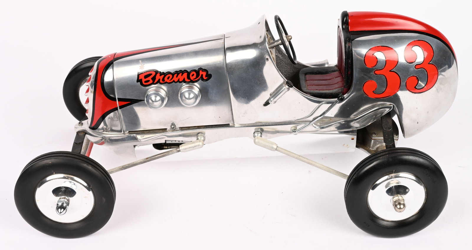 HERB SINGE BREMER WHIRLWIND TETHER CAR: Wonderful Herb Signe Gas Powered tether Race Car. Has running gear with Dennymite Engine. A very well done all aluminum recreation of the 1940s racer. 16" Excellent