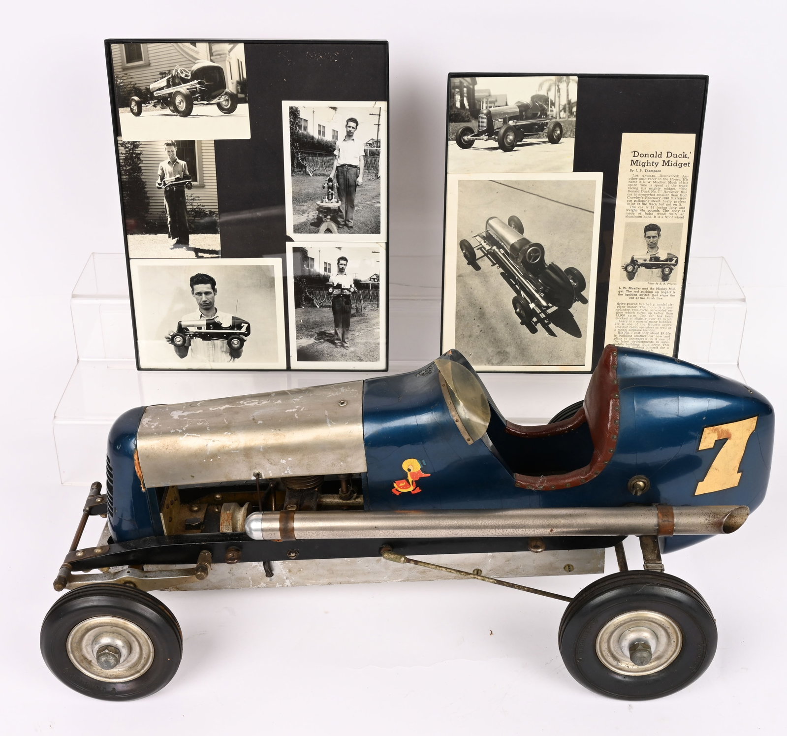 DONALD DUCK MIGHTY MIDGET TETHER RACE CAR: Very famous 1940s Los Angeles, California Donald Duck Mighty Midget Gas Powered Tether Race Car. This car was built and raced by L.W. Mueller. The car was very well known and appeared in news