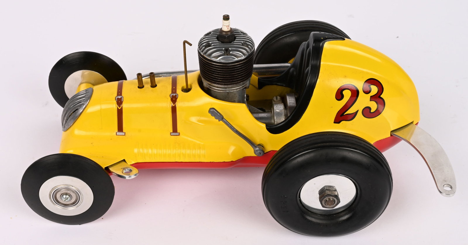 COX THIMBLE DROME CHAMPION CONVERSION TETHER CAR: Cox Thimble Drome Champion Gas Powered Tether Racer. Has complete running gear with Forester 29 Engine. Great looking Car. 10" Excellent
