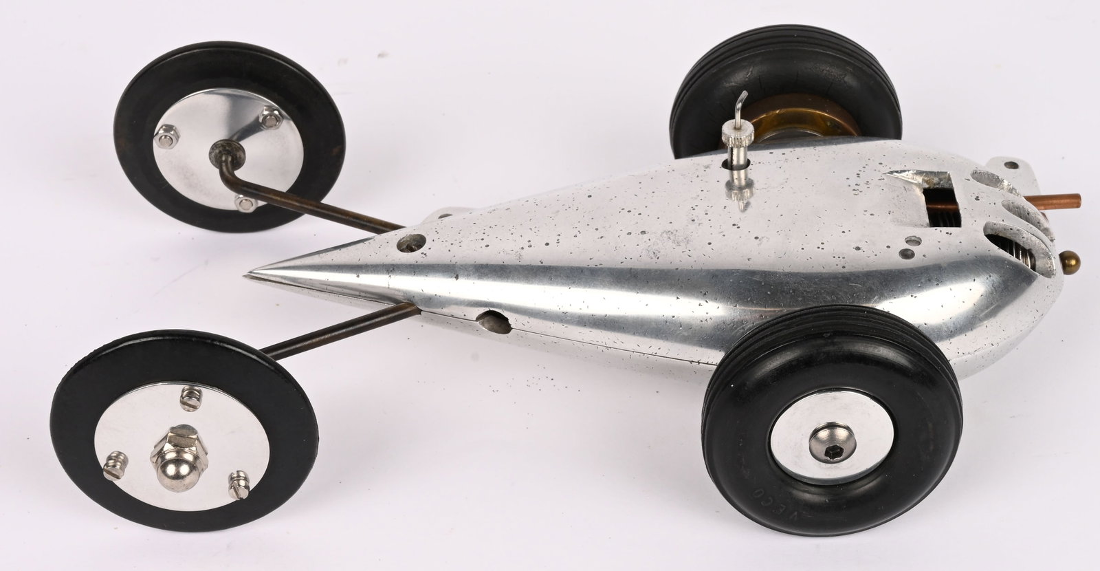 McCOY MITE TEAR DROP GAS POWERED TETHER RACE CAR: McCoy Mite Tear drop Gas Powered Tether Race Car. All original. Has running gear and engine. Unusual racer. 8" Excellent