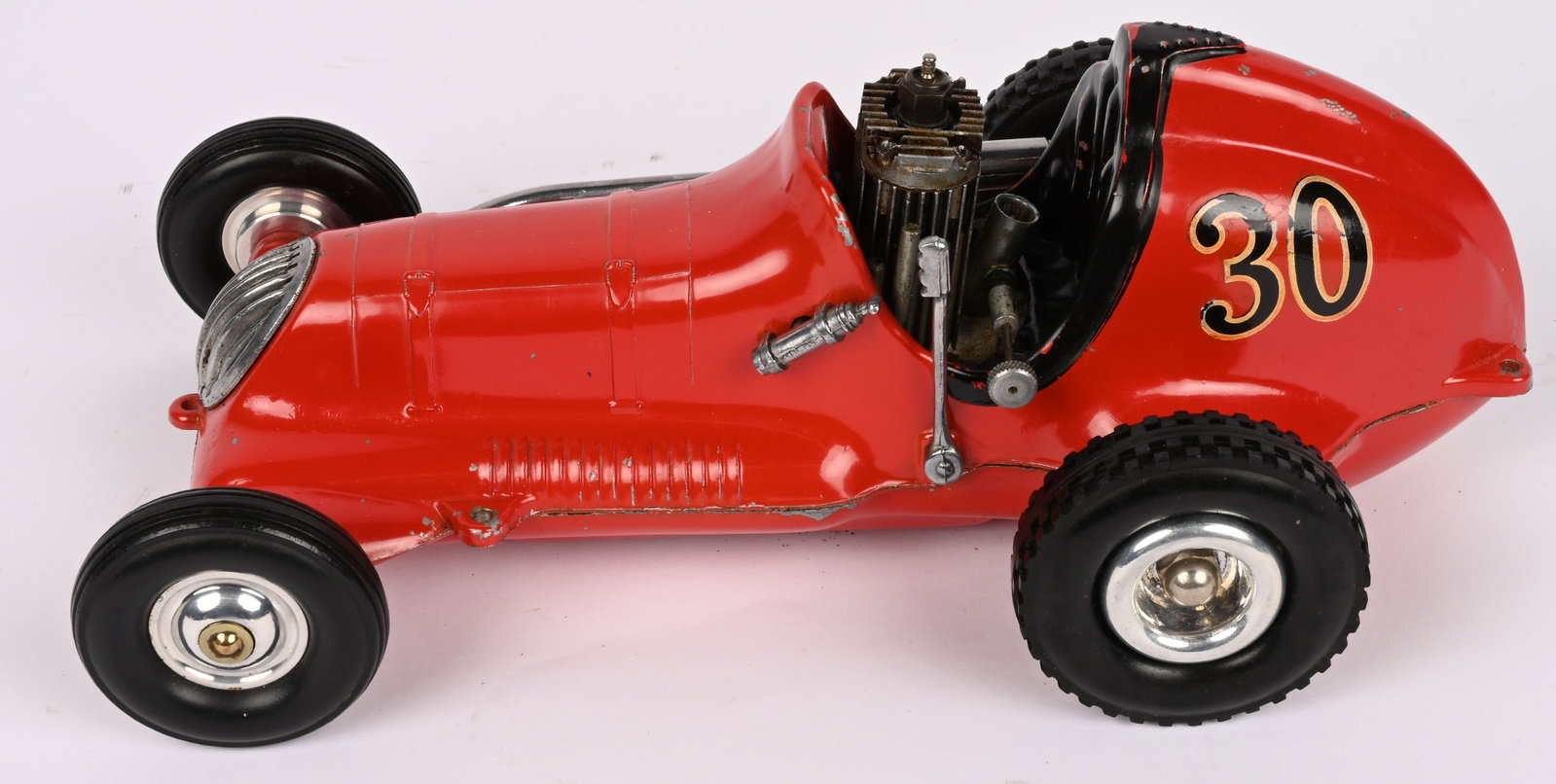 COX THIMBLE DROME CHAMPION GAS POWERED RACER: Roy Cox Thimble Drome Champion. All original and complete with gas engine. Has broken brake handle. 10" Excellent