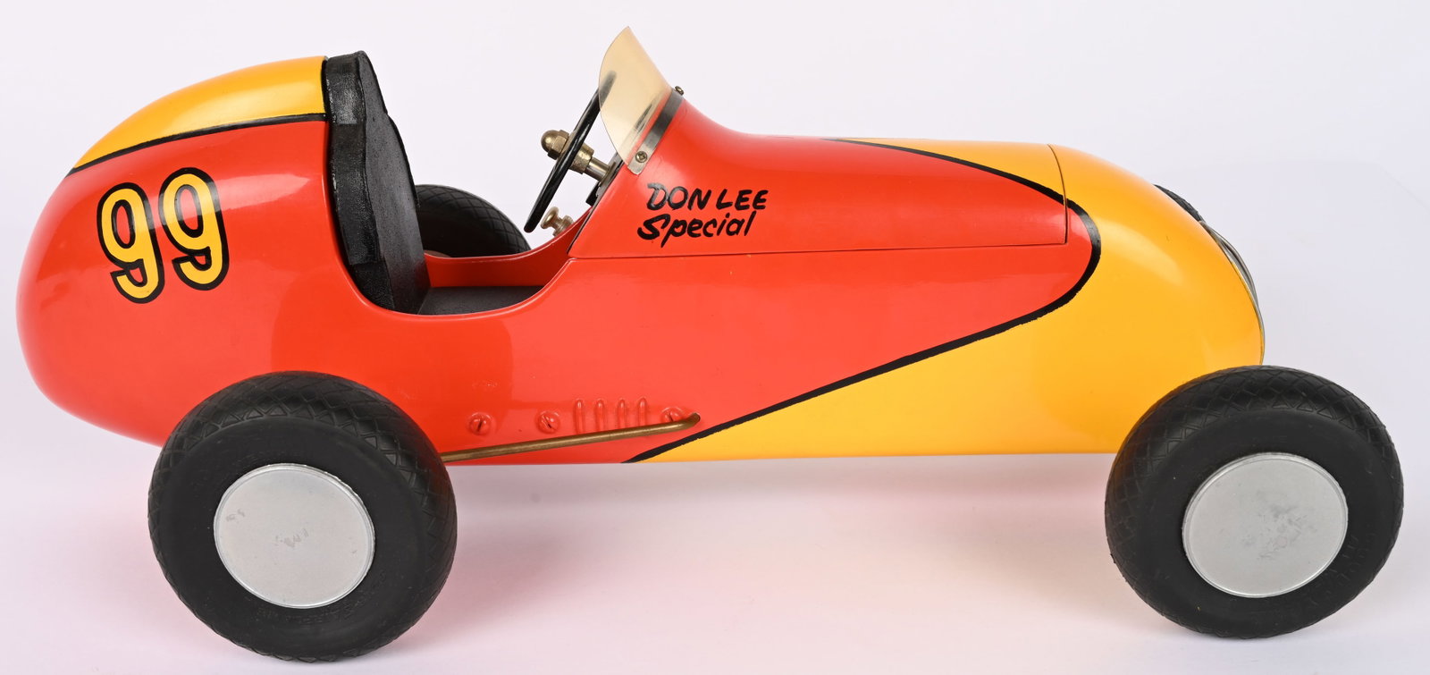 BOB FENSKE CUSTOM TETHER RACE CAR: Created by Bob Fenske in 1998. Wooden Gas powered tether Race Car. W spring suspension. With drive train and .60 Red Top Engine. Great looking car. 15" Excellent From the Bob Fenske Estate