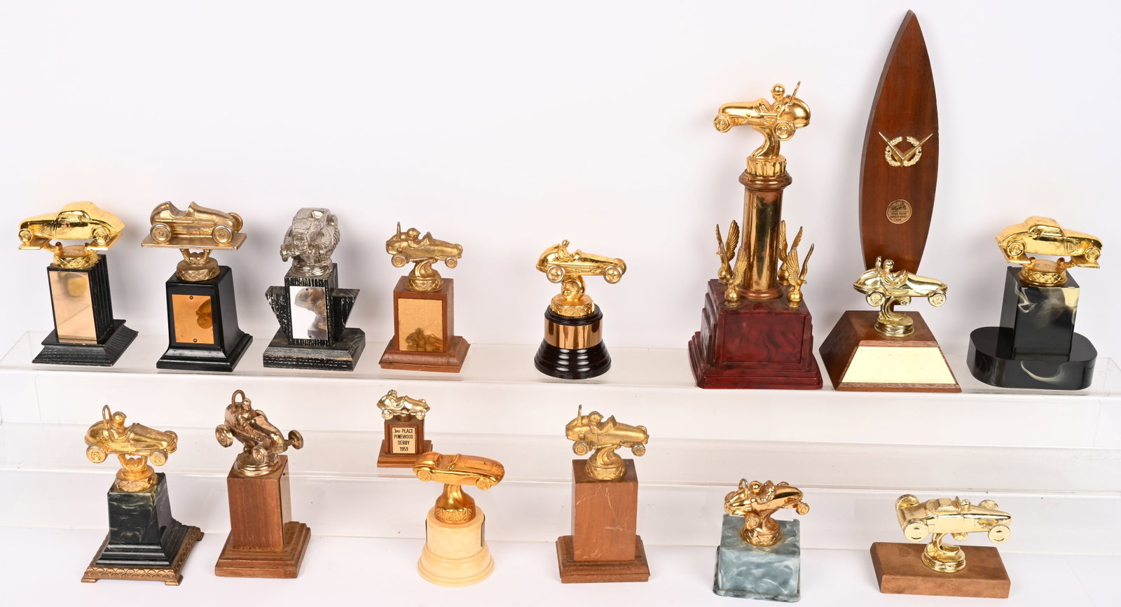 14- VINTAGE MIDGET RACER & MORE TROPHIES: Nice lot of vintage Racing Trophies. All with early Race Cars. Largest 14" Excellent