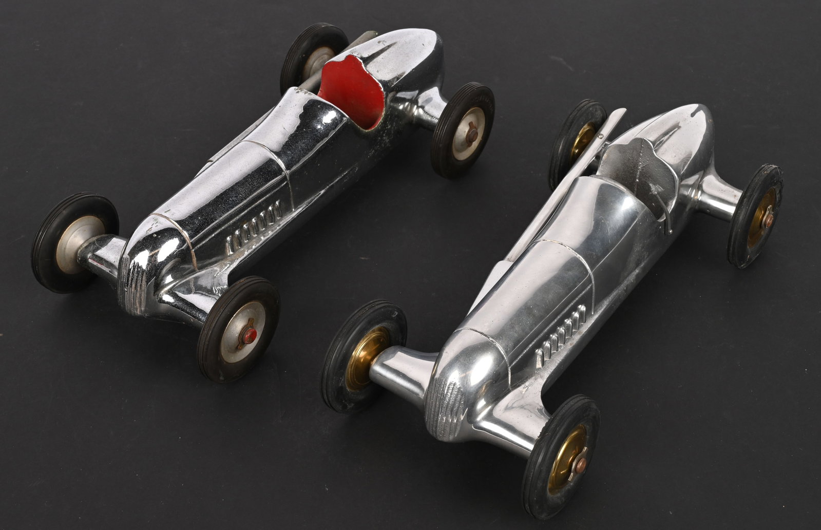 2- ALUMINUM INDIANAPOLIS RACE CARS: Nice pair of Aluminum Race Cars. One appears vintage the other reproduction. 12" Excellent