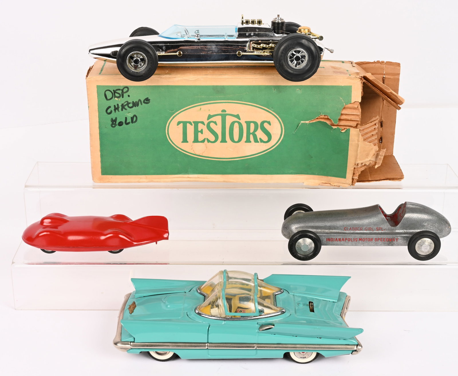 VINTAGE TOY CARS: includes restored battery operated Lincoln Futura, Penco tin Land Speed Car that is restored, and Aluminum Clabber Girl Special Indy Car. Largest 11" Excellent