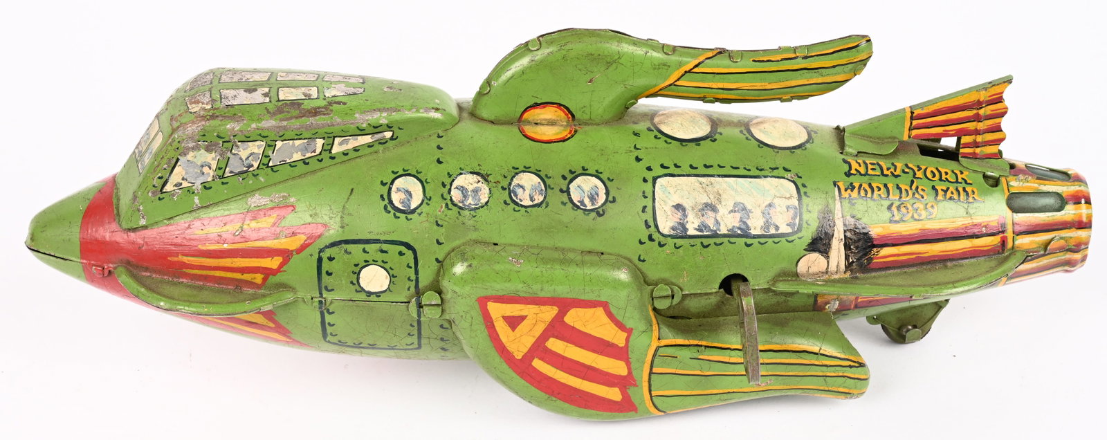 MARX PROTOTYPE 1939 NY WORLDS FAIR ROCKET SHIP: Outstanding Marx Prototype 1939 New York Worlds Fair Rocket Ship. Just an amazing prototype based off the Buck Rogers Rocket Ship with an added front cockpit. The toy has wonderful painted details