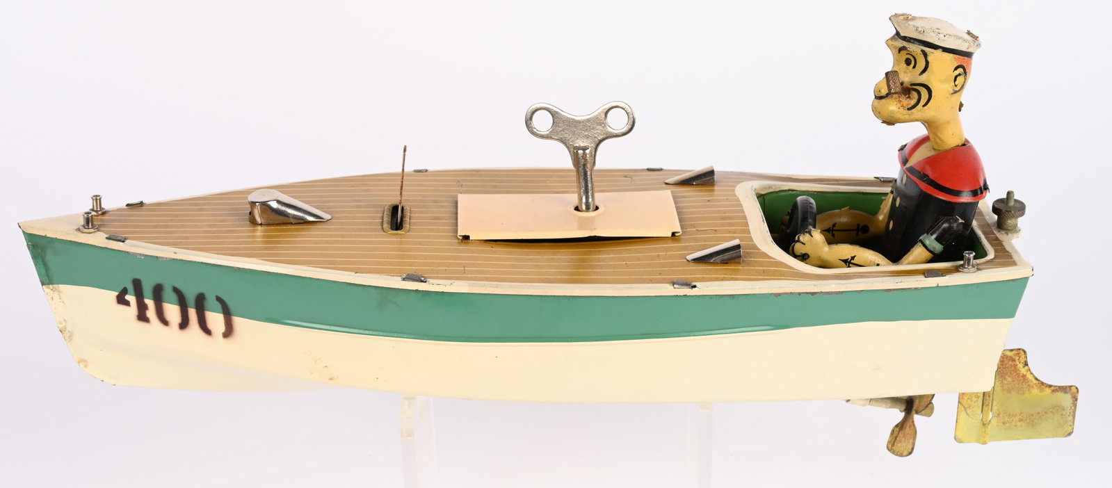 HOGE WINDUP POPEYE SPEEDBOAT: RARE Hoge windup Popeye Speedboat. A very rare Popeye toy that seldom come to market. Wonderful original condition showing very little wear. This example left the factory with #4 on the bow versus