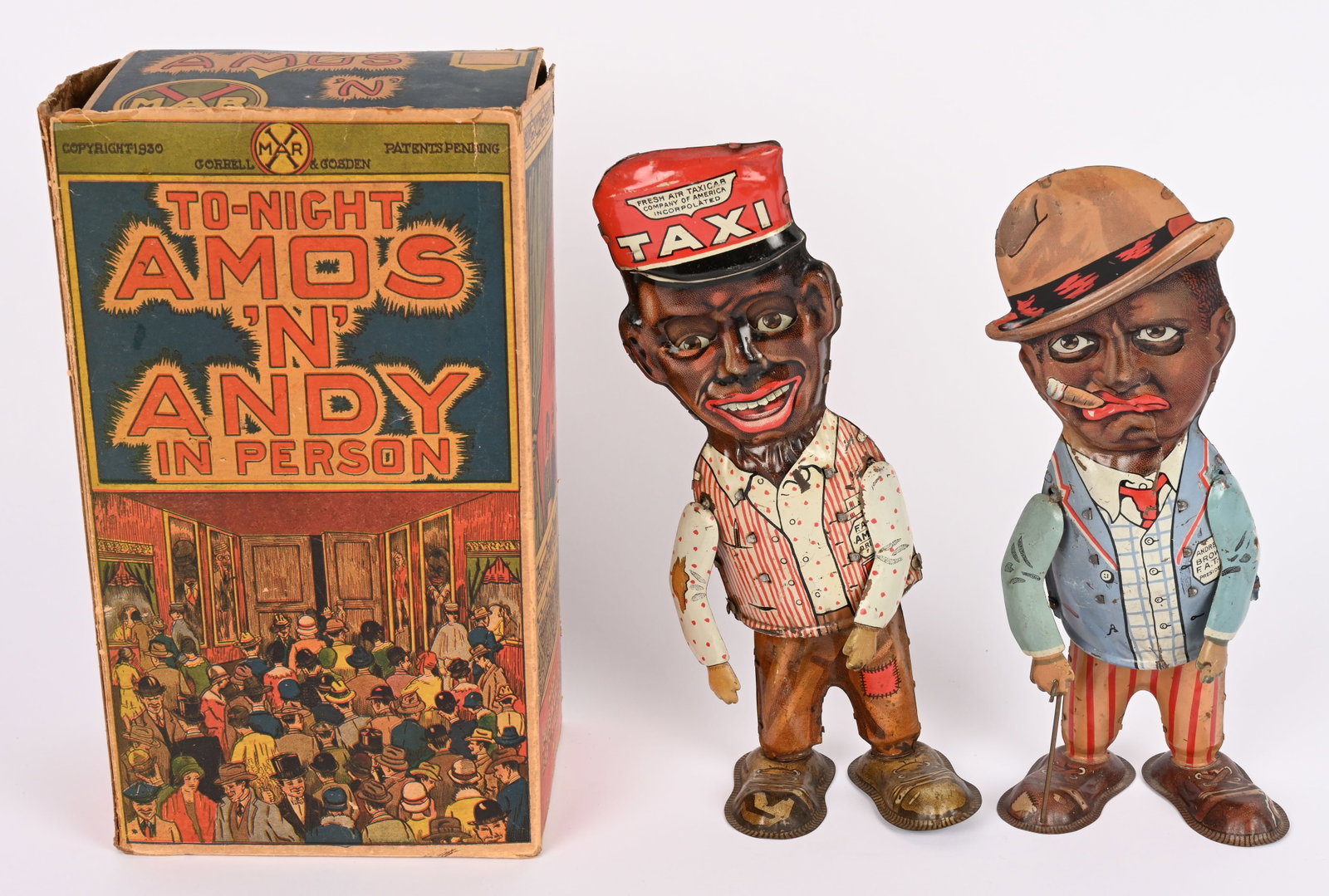MARX TIN WINDUP AMOS & ANDY WALKERS w/ BOX: Marx tin windup Amos and Andy Walkers. This is the deluxe version with moving eyes. A wonderful pair that is all original including the arms. Colors are nice and bright. Both figures work good. A