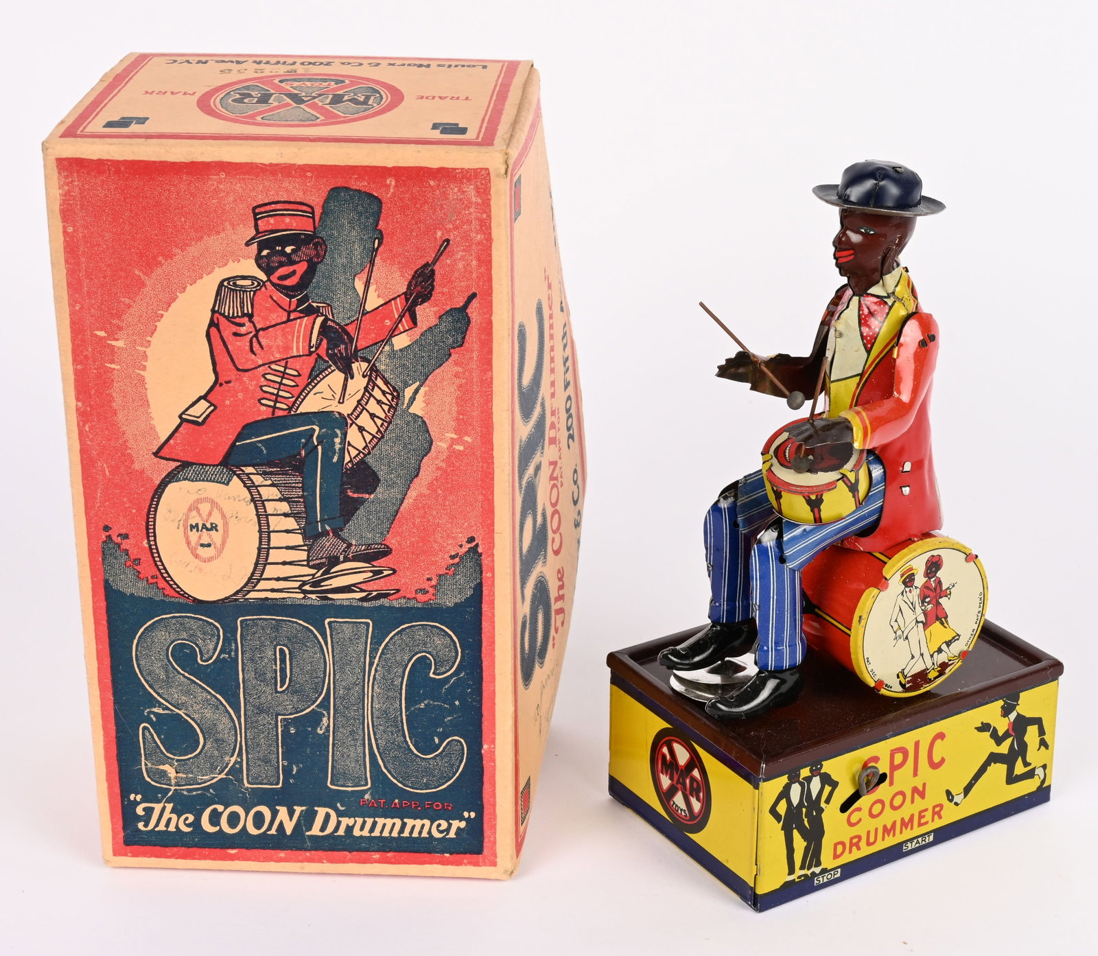 MARX TIN WINDUP SPIC COON DRUMMER w/ BOX: Marx tin windup Spic Coon Drummer. Amazing example that appears to be new old stock condition. The colors are bright and glossy. This is the best example we have seen. Basically like new. Windup works