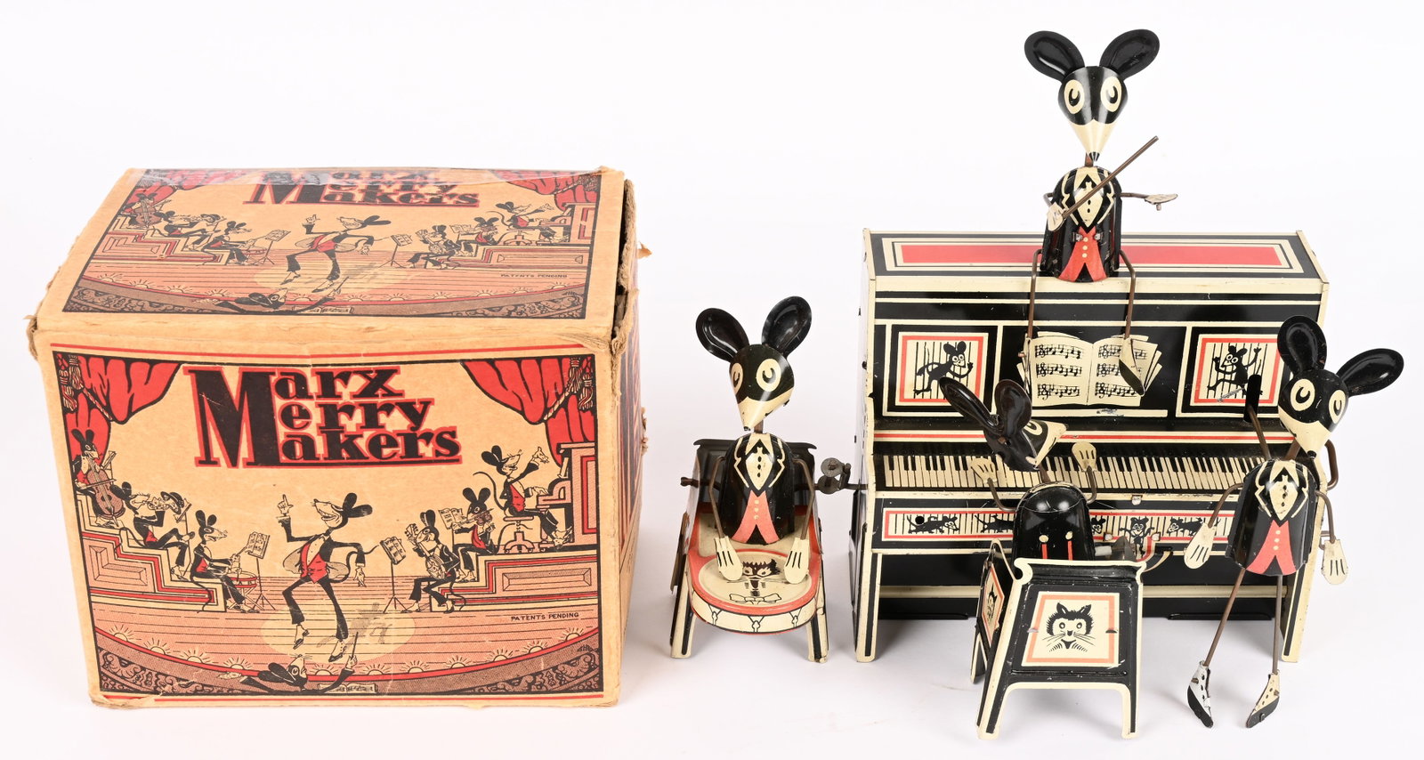 MARX TIN WINDUP MERRY MAKERS BAND w/ BOX: Marx tin windup Merry Makers Band. All original and complete. Very nice condition with nice colors gloss. Windup works. Comes with Box with top flap taped back on. 9" Excellent