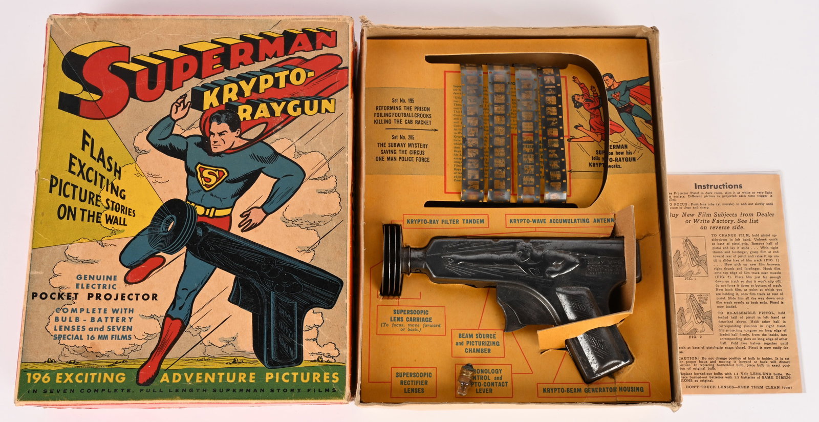 DAISY SUPERMAN KRYPTO RAYGUN w/ BOX: Excellent Daisy Superman Krypto Raygun. All original and in excellent shape. Gun has great image of Superman. Set comes with 4 original Film Stripes. Complete in crisp box with insert and Instructions