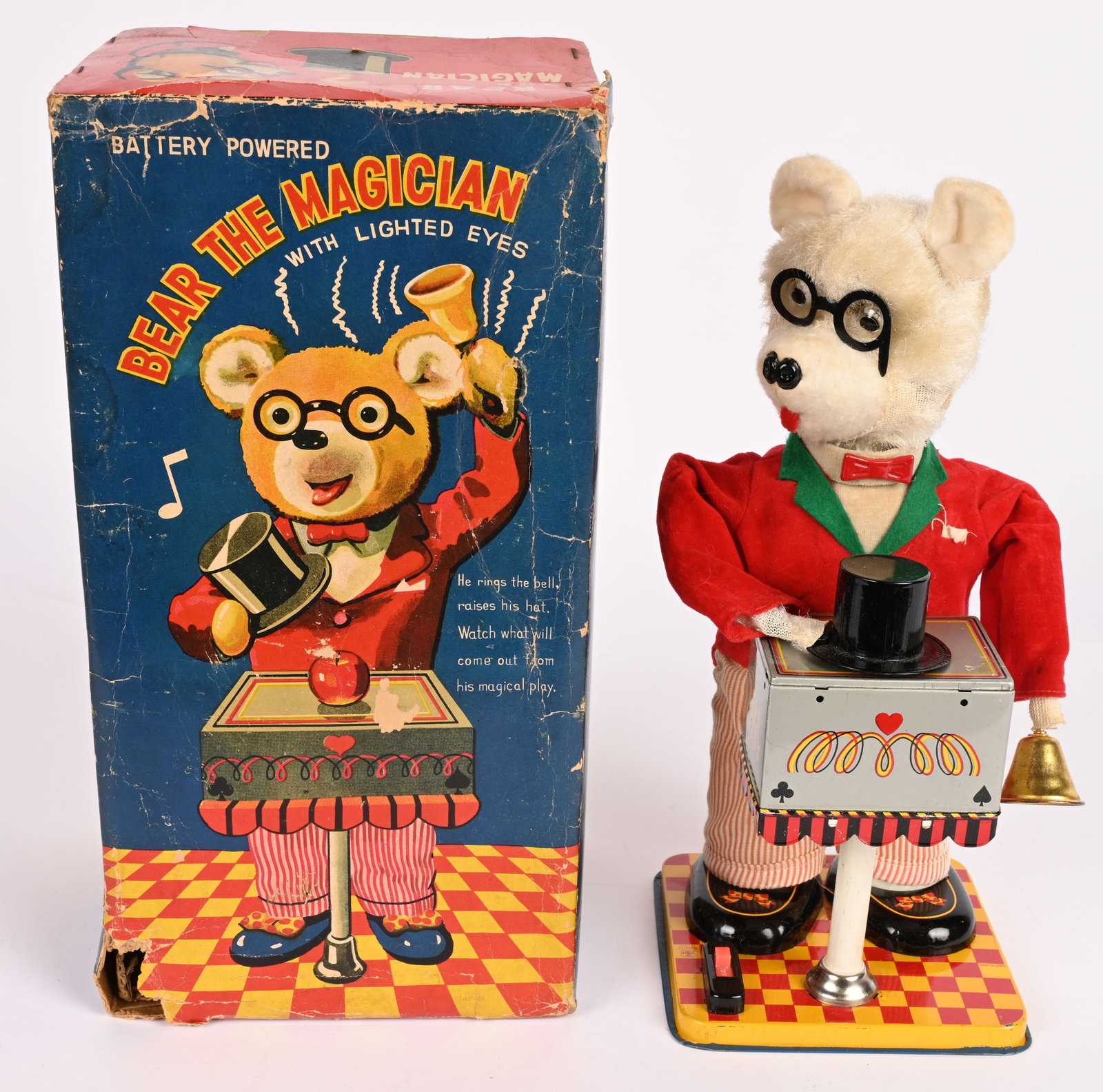 YONE BATTERY OP BEAR THE MAGICIAN w/ BOX: Japan battery operated Bear The Magician. All original in nice condition. Has some minor fur loss. Battery box is clean. Worked when tested. Comes with Box. A very hard to find toy! 12" Excellent