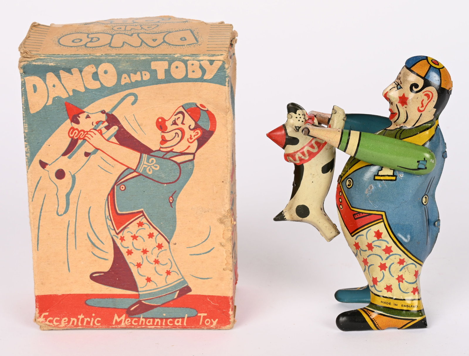 GERMAN TIN WINDUP DANCO & TOBY w/ BOX: German tin windup Danco & Toby with Box. All original in great shape. Works. Missing part of the cane. Boxed 5" Excellent