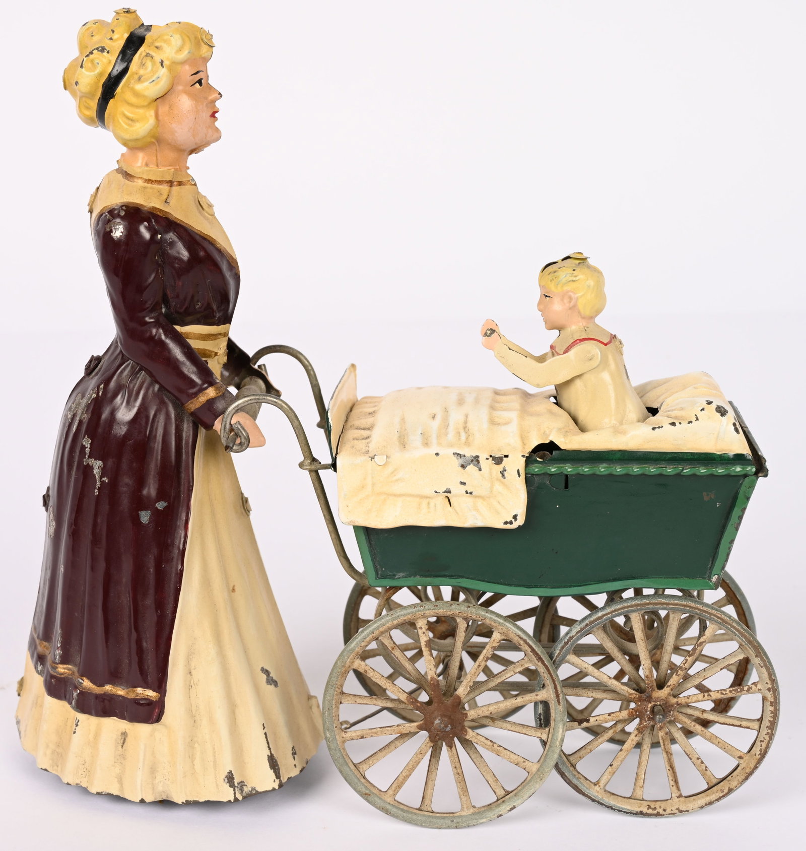 GERMAN HAND PAINTED WINDUP LADY & BABY CARRIAGE (1 of 6)