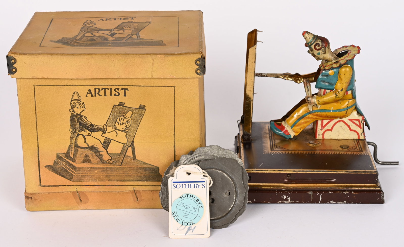 VIELMETTER CLOWN ARTIST TOY w/ BOX: RARE 1880s Vielmetter Clown Artist. All original beautiful toy. Was one of the most complicated toys of its time. Clown sits at easel and draws real pictures. You wind the crank to operate the Clown.