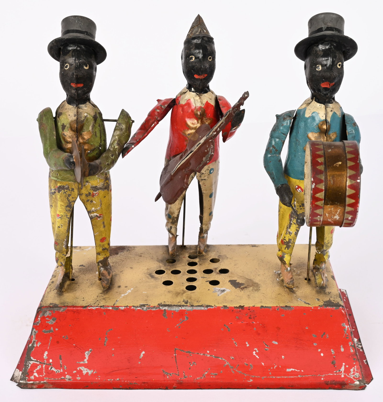 GUNTHERMANN HAND PAINTED WINDUP BLACK MUSICIANS: German hand painted tin windup Three Black Musicians. All original in exceptional condition. Windup works with link plunk music. A very impressive toy. 9" Excellent