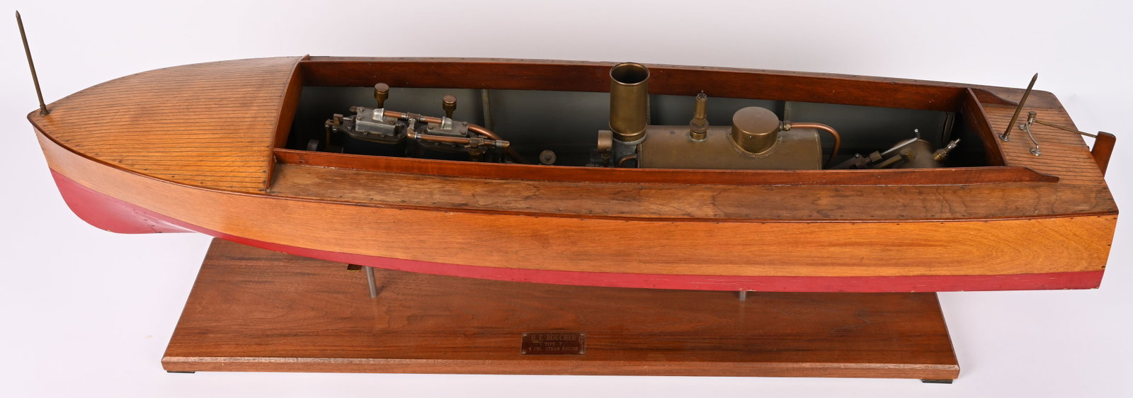 BOUCHER LIVE STEAM WOODEN SPEED BOAT: Wonderful ealy Boucher Live Steam Wooden Speed Boat. Great looking boat with full steam plant. Very large and impressive. Comes with stand 48" Excellent