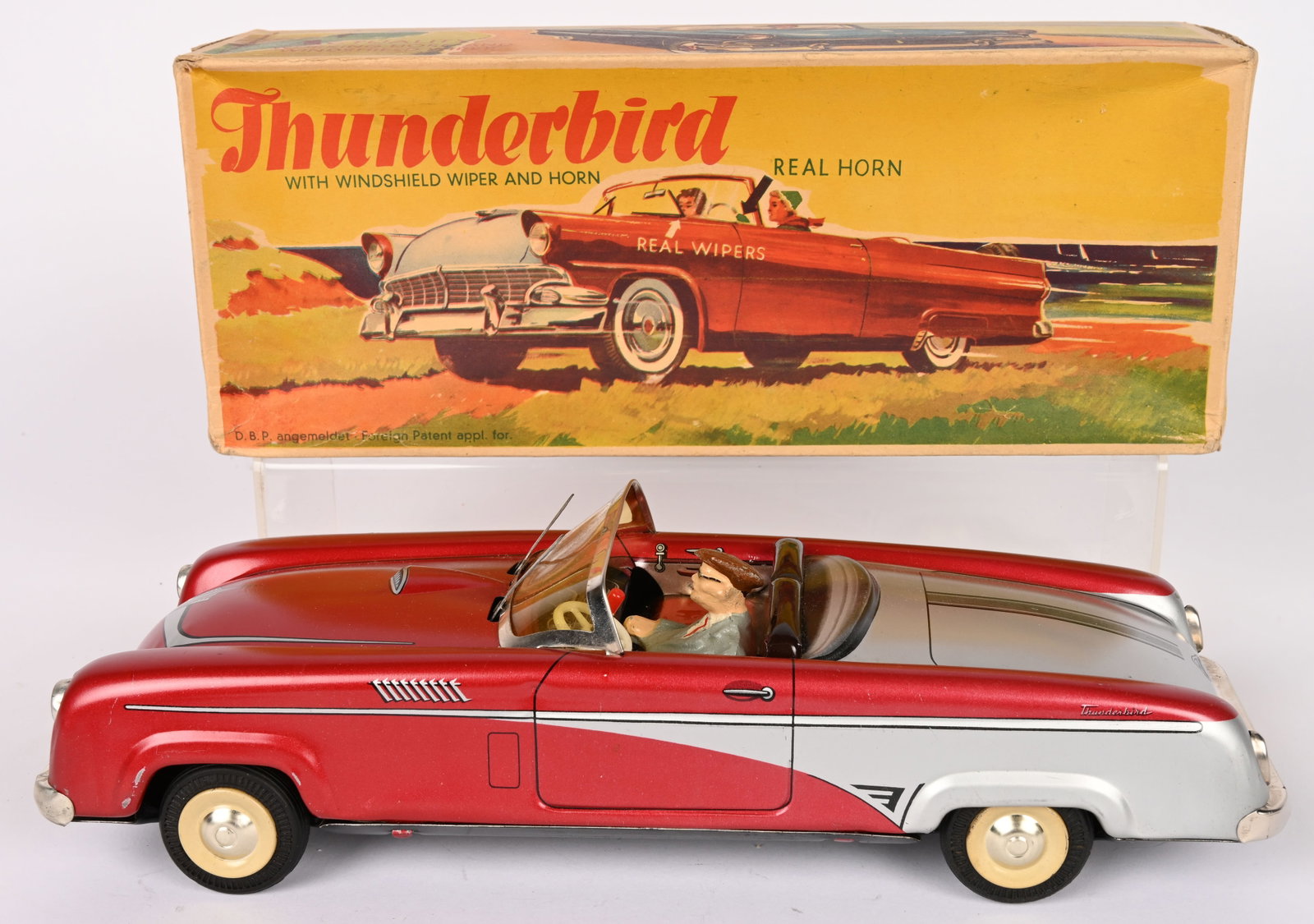 PN GERMAN TIN FRICTION THUNDERBIRD w/ BOX: German tin friction Thunderbird. All original in great condition. Still has driver. Friction works. Boxed 13" Excellent