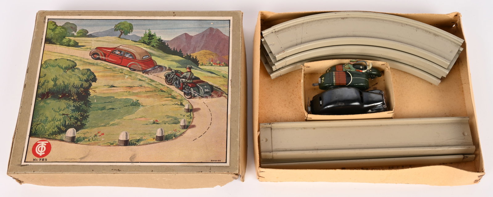 TIPP WINDUP MOTORCYCLE & CAR ON TRACK w/ BOX: Tipp tin windup Motorcycle and Car with Track. All original and in great condition. All complete set with Motorcycle, Car, and Track. Comes with Box. 10" Excellent