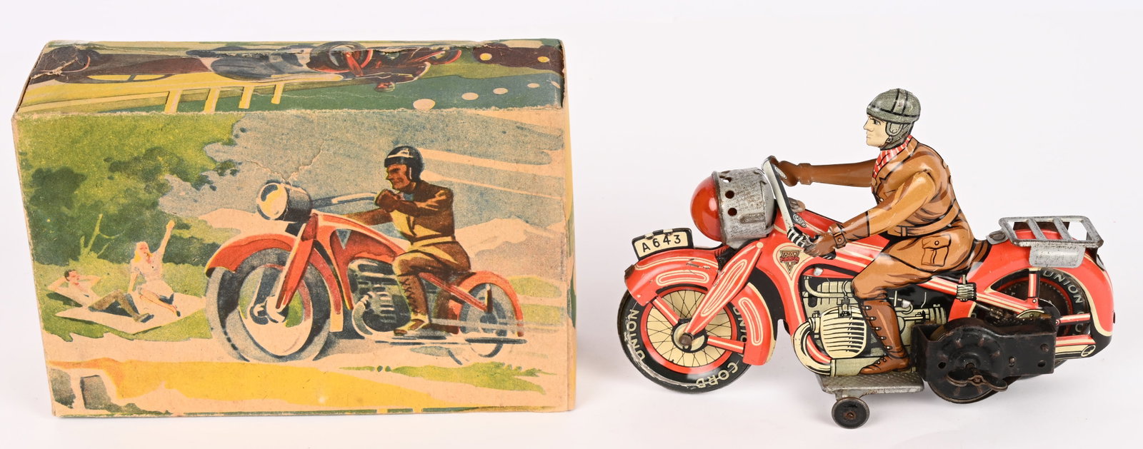 ARNOLD TIN WINDUP CIVILIAN MOTORCYCLE w/ BOX: Arnold tin windup Civilian Motorcycle. All original and complete. Great condition. Windup works. Comes with nice Box with some repairs. 8" Excellent
