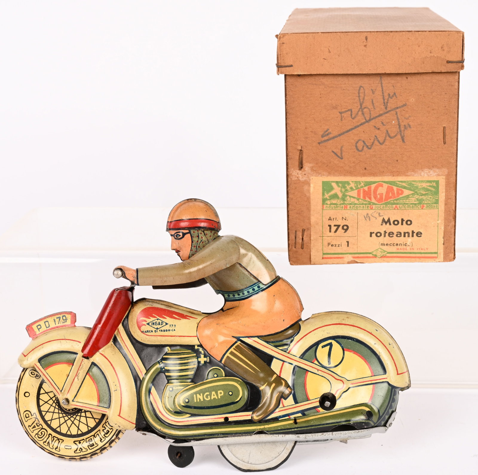 INGAP TIN WINDUP #7 RACING MOTORCYCLE w/ BOX: Ingap tin windup #7 Racing Motorcycle. All original with great colors. Almost no wear. Fender Plate #PD179. Windup works. With Box. 7" Excellent