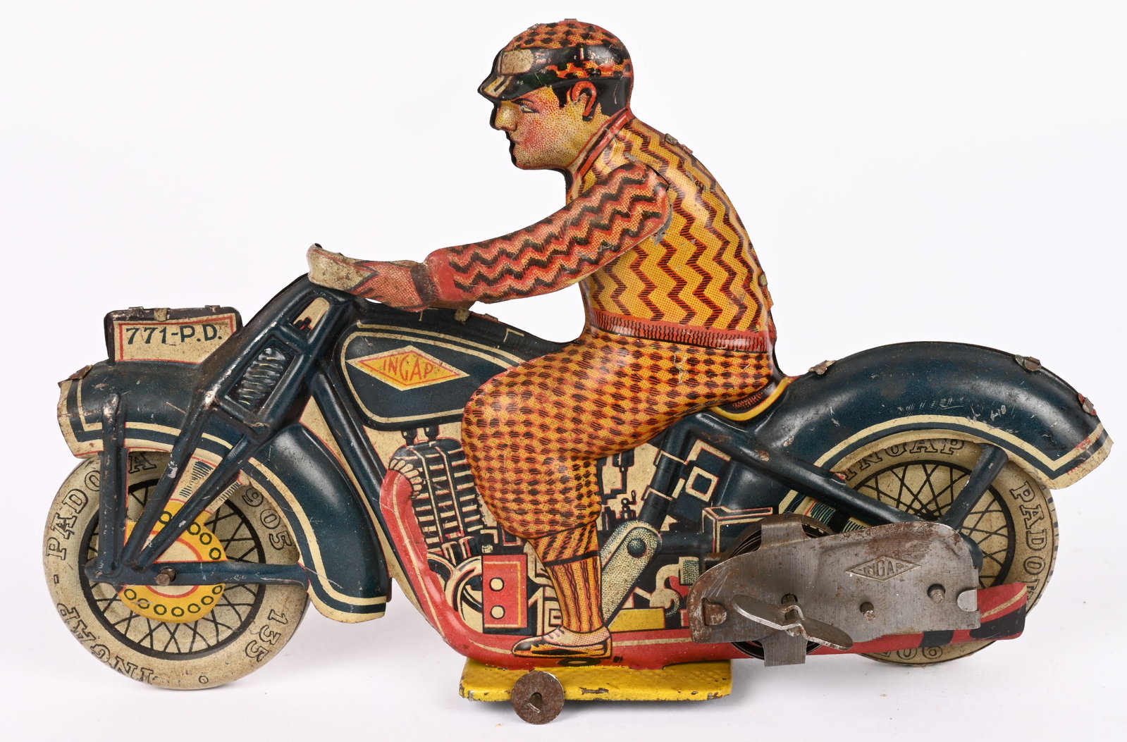 INGAP TIN WINDUP CIVILIAN MOTORCYCLE: Ingap tin windup Civilian Motorcycle. All original with nice colors. Fender plate marked 771-PD. Windup works. 8" Excellent