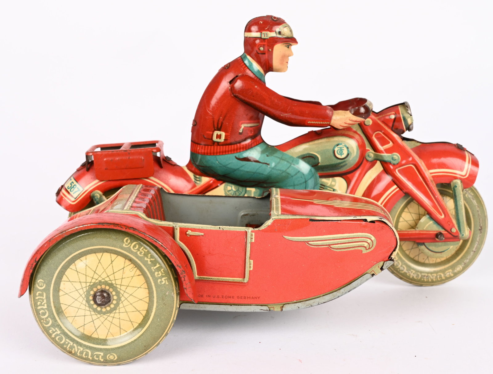 TIPP TIN WINDUP TIPPCO MOTORCYCLE & SIDECAR: Tipp German Motorcycle with Sidecar. Wonderful details, bright colors and great condition. Windup working. 7 1/2" Excellent