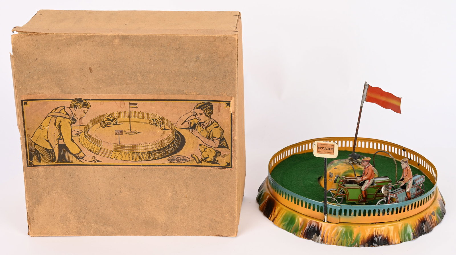 MEIER TIN WINDUP MOTORCYCLE GO ROUND w/ BOX (1 of 13)