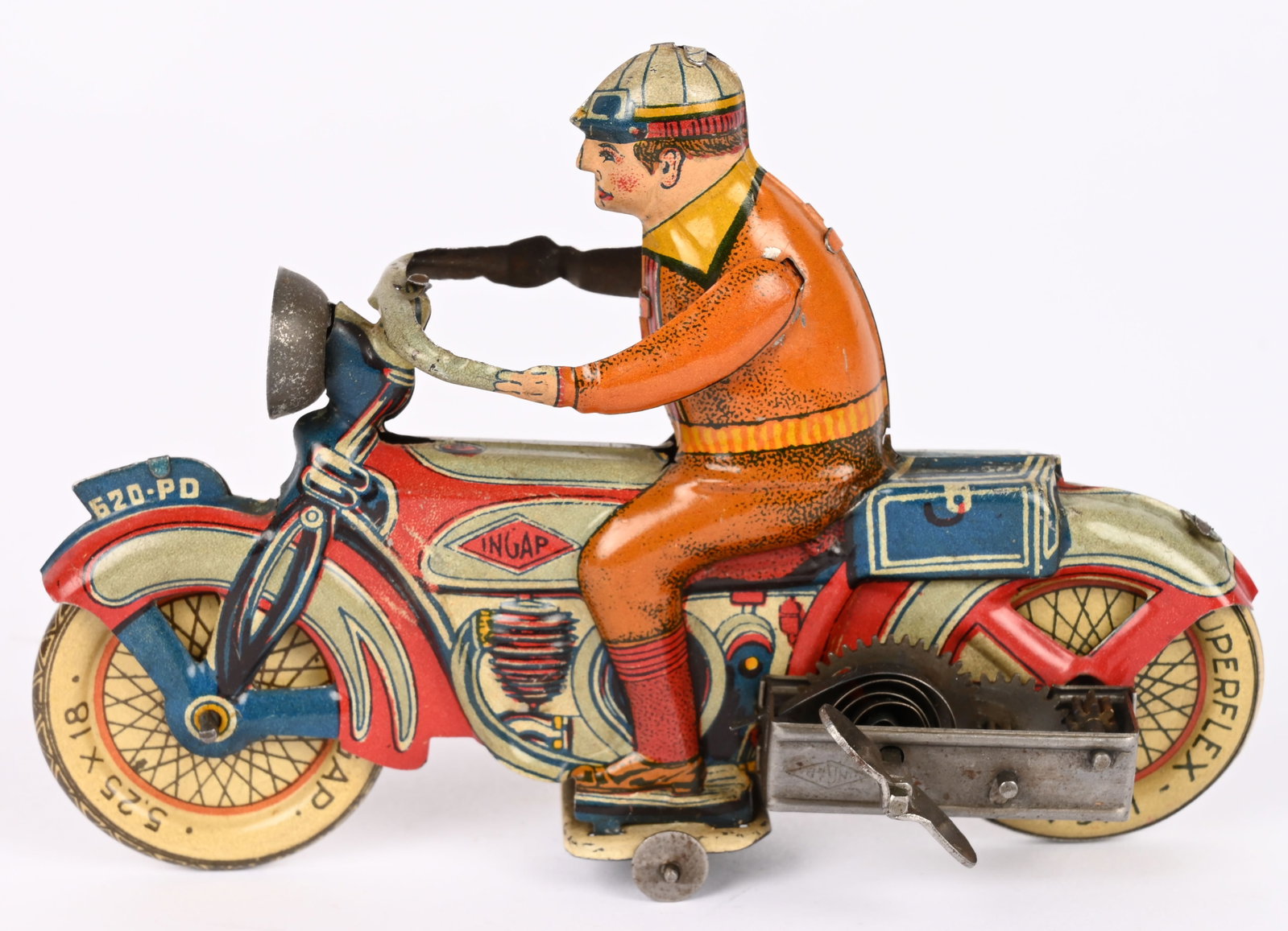 INGAP TIN WINDUP CIVILIAN MOTORCYCLE: Ingap tin windup Civilian Motorcycle. Wonderful condition with great colors. Has an early style design. Windup works. 5" Excellent