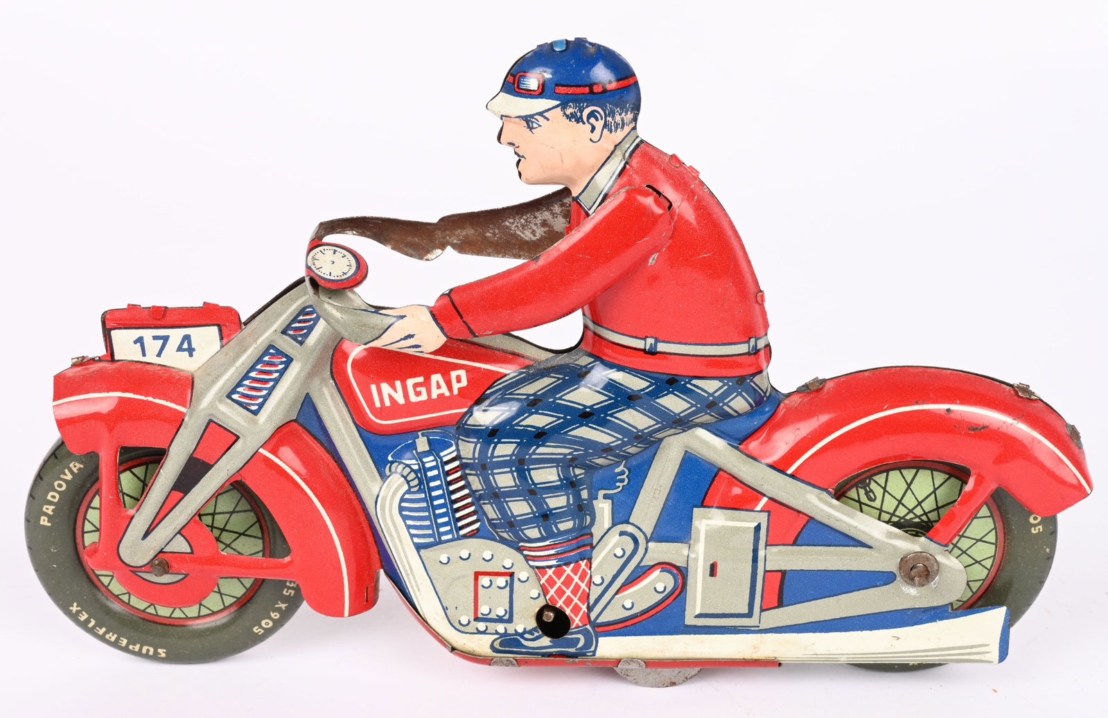 INGAP TIN WINDUP CIVILIAN MOTORCYCLE: Ingap tin windup Civilian Motorcycle. Very nice colors. Looks virtually never played with condition. Windup works. 7 1/2" Excellent